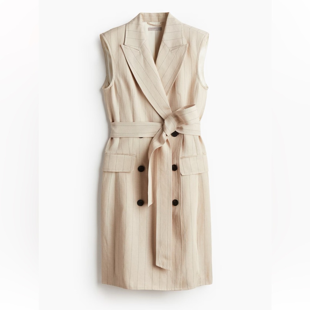 H&M Sleeveless Linen Blend Beige Striped Jacket Dress